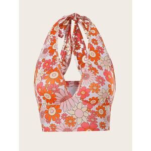 Shein 90s Allover Floral Print Halter Top Size Medium Orange/Pink